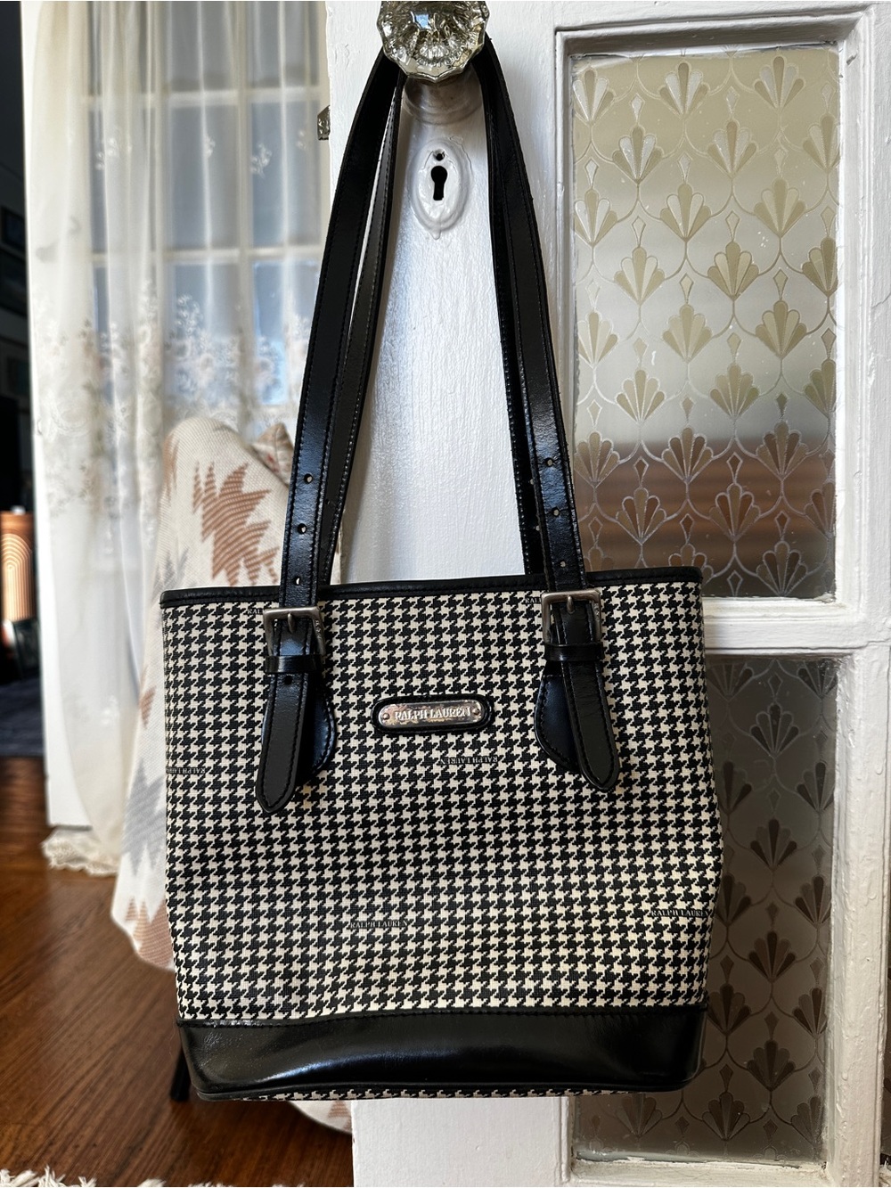 Vintage Ralph Lauren Houndstooth Tote Bag with Black Trim